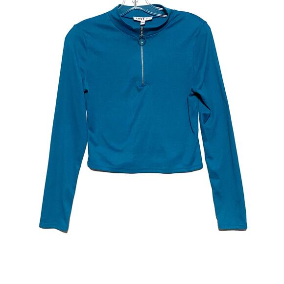 Love J Blue Ribbed Cropped Half Zip Hoodie Sweatshirt Pullover Womens Large - Picture 1 of 7